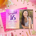 Photo Sweet 16 Groovy Pink Orange Gradient Retro Invitation<br><div class="desc">“Happy Sweet 16 Birthday”. Send out this cool boho retro, personalised photo party invitation for an event to remember. On the left side, fun, trendy, bold dark hot pink and purple typography with modern sans serif typography overlay a background of pop light orange and pink ombre gradient rays with white...</div>