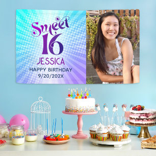 Photo Sweet 16 Groovy Purple Blue Gradient Retro Banner