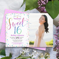 Photo Sweet 16 Rainbow Glitter Confetti Birthday