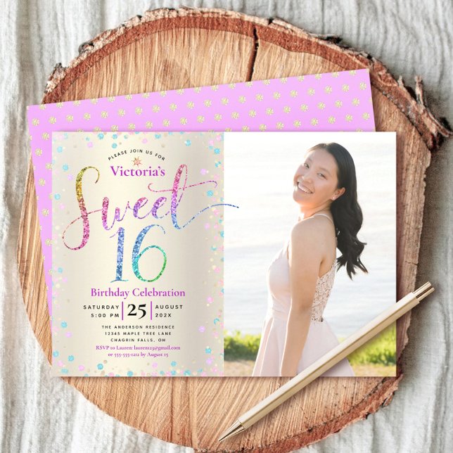 Photo Sweet 16 Rainbow Glitter Gold Foil Birthday Invitation (Creator Uploaded)
