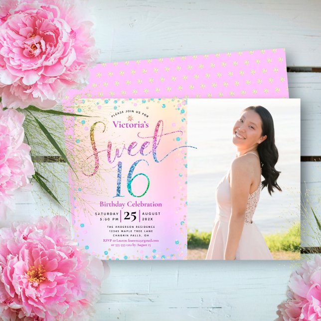 Photo Sweet 16 Rainbow Glitter Ombre Foil Birthday Invitation (Creator Uploaded)