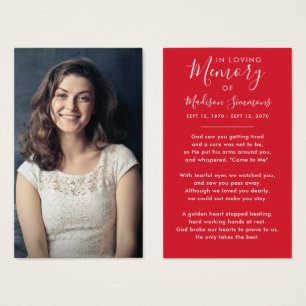 Photo Sympathy Funeral Memorial Red Prayer Cards