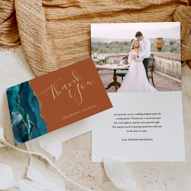 Photo Teal Agate Gold Rust Wedding Thank You Card (Creator Uploaded)