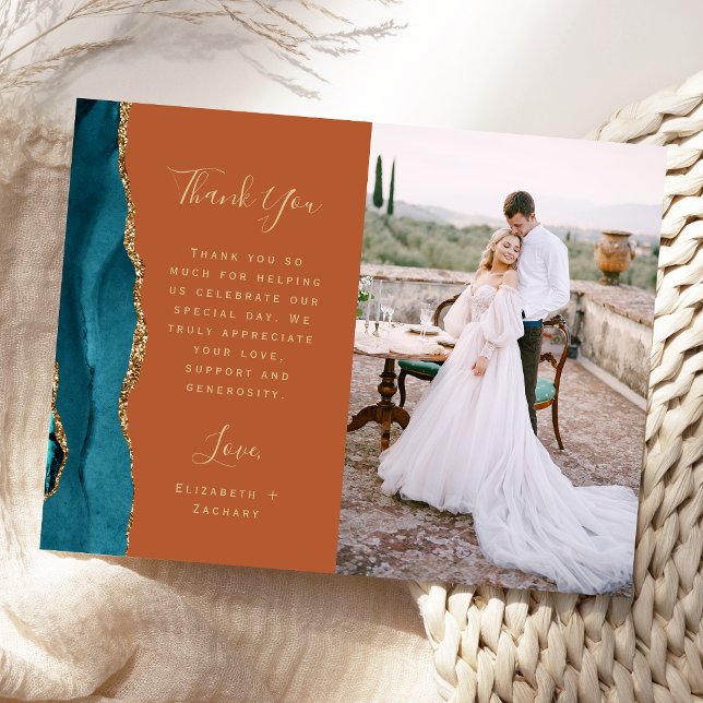 Photo Teal Agate Gold Rust Wedding Thank You Postcard (Creator Uploaded)