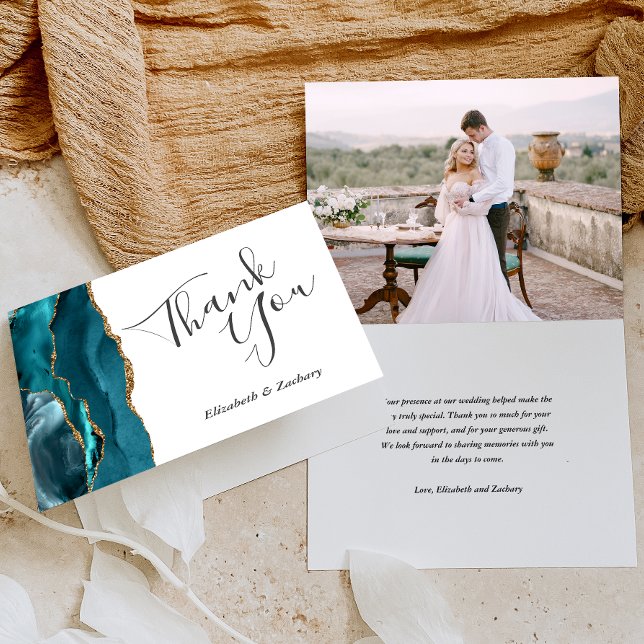 Photo Teal Agate Gold Wedding Thank You Card (Creator Uploaded)