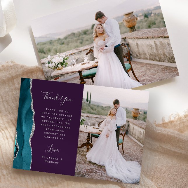 Photo Teal Blue Agate Purple Silver Script Wedding Thank You Card (Creator Uploaded)