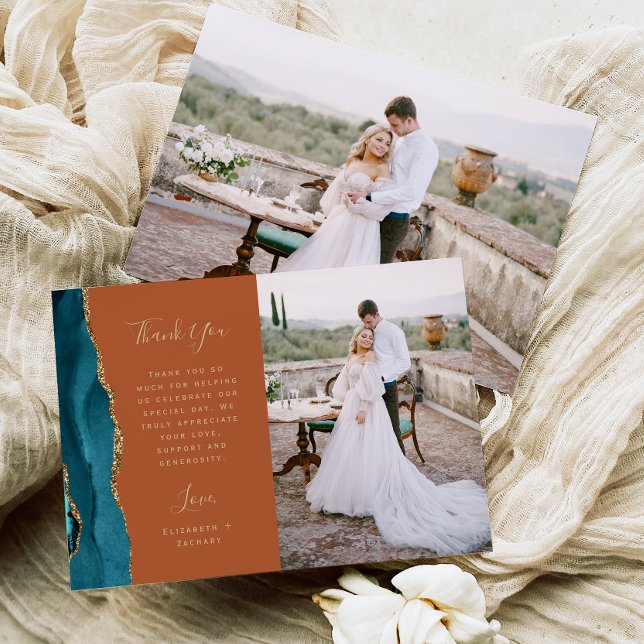 Photo Teal Blue Agate Rust Gold Script Wedding Thank You Card (Creator Uploaded)