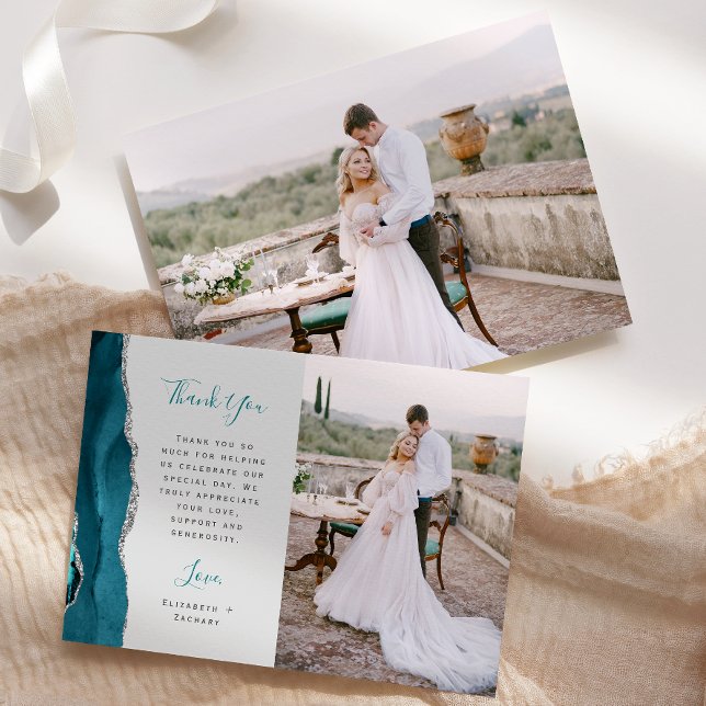 Photo Teal Blue Agate Silver Script Grey Wedding Thank You Card (Creator Uploaded)