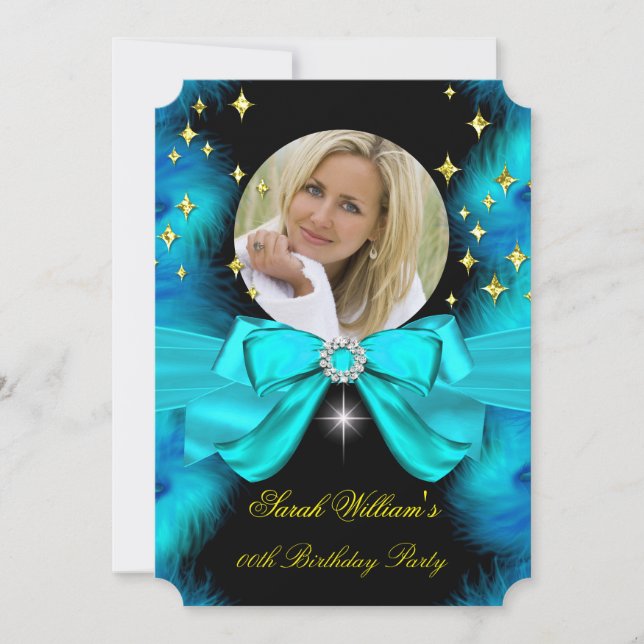 Photo Teal Blue Feathers Bow Gold Birthday Party Invitation (Front)