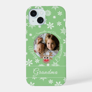 Photo Teal Christmas White Script Cute Reindeer iPhone 15 Case