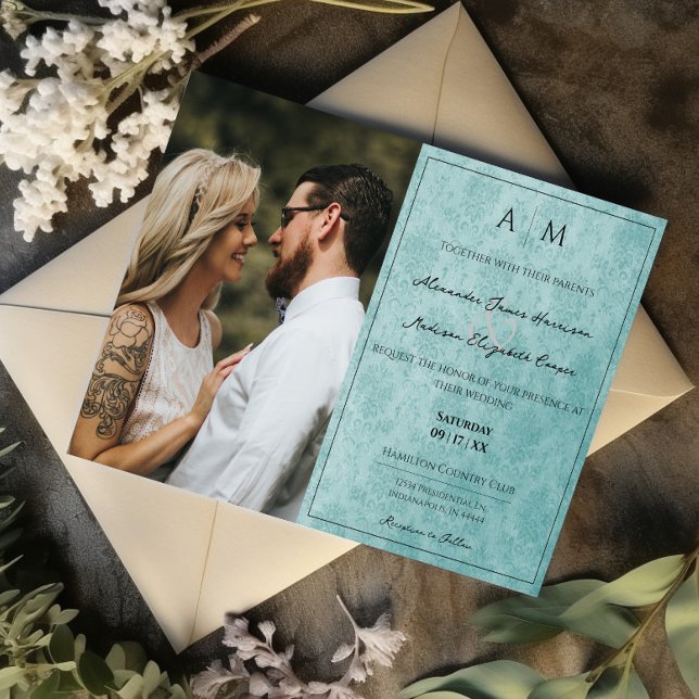 Photo Teal Damask Monogram Wedding Invitation (Teal Photo Damask Monogram Wedding Invitation)