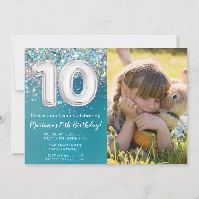 Photo Teal Silver Glitter 10th Birthday Invitation (Front)