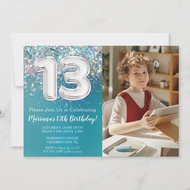 Photo Teal Silver Glitter 13th Birthday Invitation (Front)