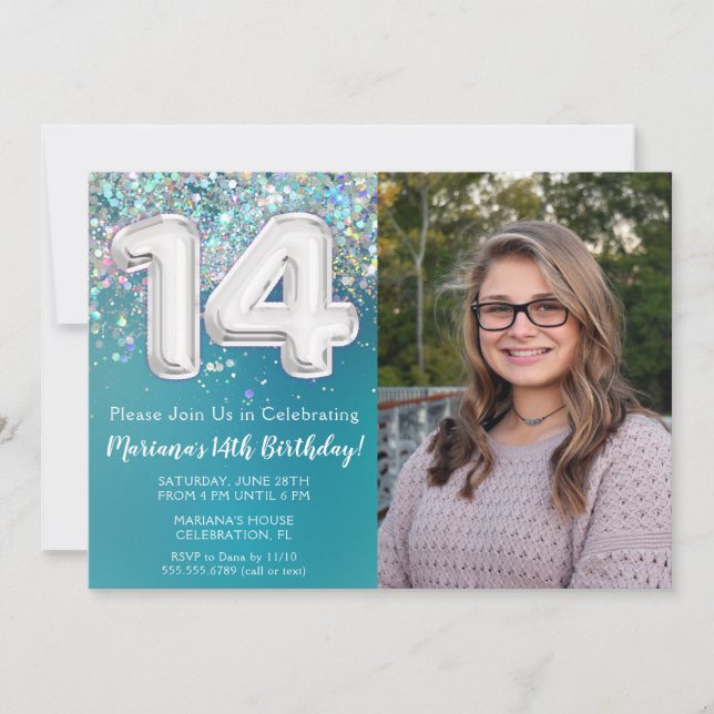 Photo Teal Silver Glitter 14th Birthday Invitation (Front)