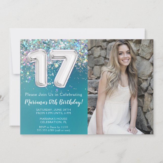 Photo Teal Silver Glitter 17th Birthday Invitation (Front)