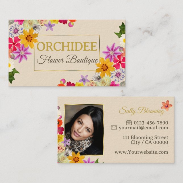 Photo Template Elegant Wildflowers Gold Cream Chic Business Card (Front/Back)