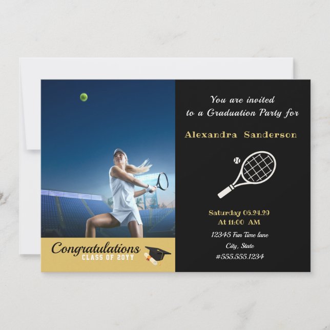 Photo Tennis player Black Gold White graduation Invitation (Front)