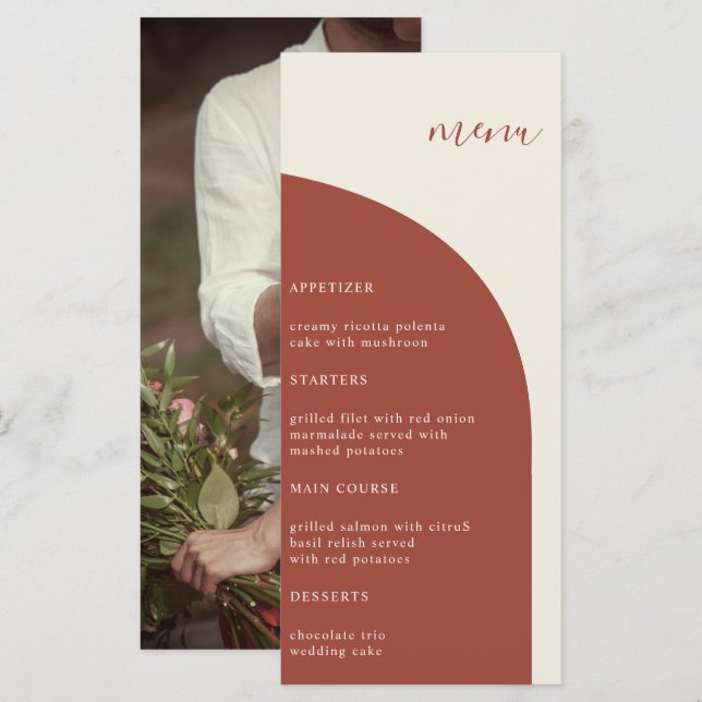 Photo Terracotta Arch Modern Wedding Dinner Menu (Front/Back)