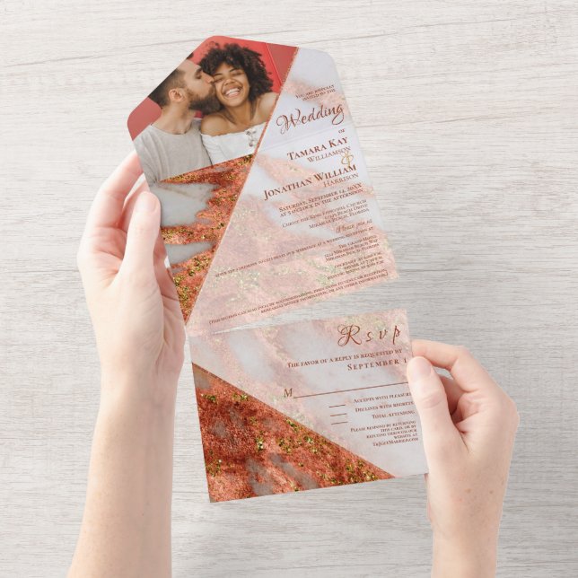 Photo Terracotta Copper Marble Geometric Elegant   All In One Invitation (Tearaway)