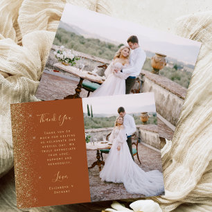 Photo Terracotta Gold Glitter Script Wedding Thank You Card