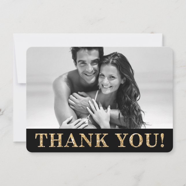 PHOTO THANK YOU cute gold glitter text wedding (Front)