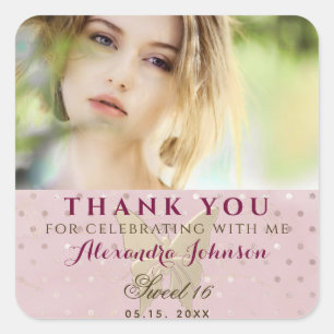 Photo Thank You , Girl Sweet 16 Rose Gold Square Sticker