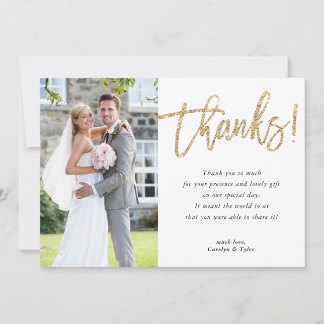 PHOTO THANK YOU modern glam gold glitter script (Front)