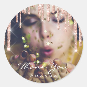Photo Thank You Name Birthday Party Rose Glitter Classic Round Sticker
