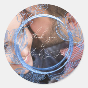 Photo Thank You Name Magnolia Floral Wedding Blue Classic Round Sticker