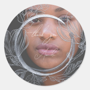 Photo Thank You Name Magnolia Floral Wedding Grey Classic Round Sticker