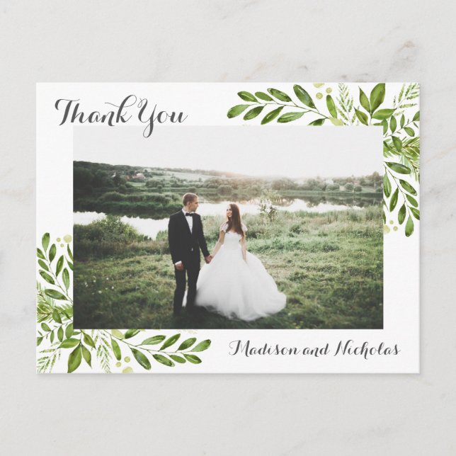 Photo Thank You Postcards with Rustic Green Leaves (Front)
