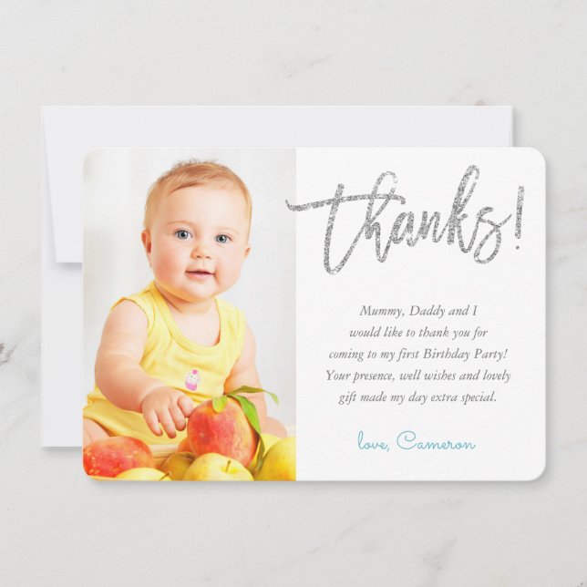 PHOTO THANK YOU pretty silver glitter script aqua Card (Front)