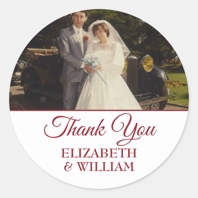 Photo Thank You Ruby Script Wedding Anniversary Classic Round Sticker (Front)