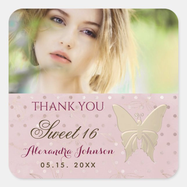 Photo Thank You Sweet 16 Rose Gold Square Sticker (Front)