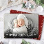 Photo Thankful Grateful Blessed Modern Christmas Holiday Card<br><div class="desc">“Thankful, grateful, blessed.” A playful visual of white, whimsical, handwritten typography and champagne gold confetti dots against your personalised photo, helps you usher in Thanksgiving, Christmas and New Year. Feel the warmth and joy of the holiday season whenever you use this stylish and modern personalised, custom greeting card. Using the...</div>