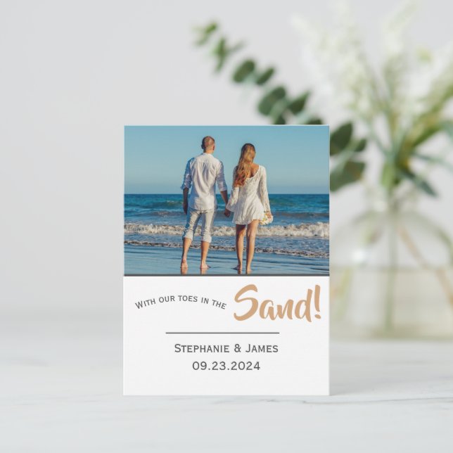 Photo Toes in the Sand Beach Script Save the Date Announcement Postcard (Standing Front)