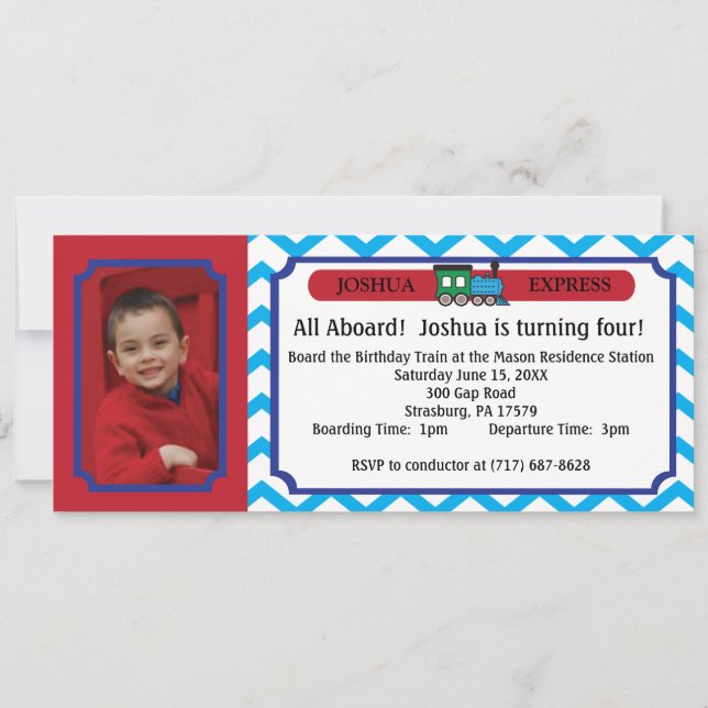 Photo Train Ticket - Blue Chevron Stripes Invitation (Front)