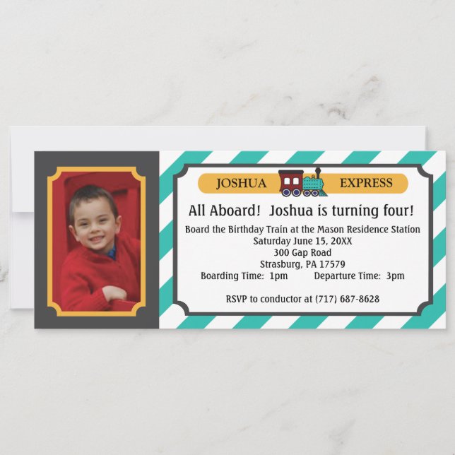 Photo Train Ticket - Teal Stripes Invitation (Front)