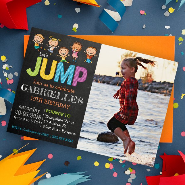 Photo Trampoline Party Invitation (Jump into fun with our trampoline party! Bounce, laugh, and celebrate in the air!)