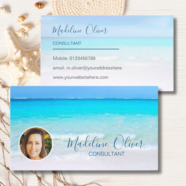 Photo Travel Professional Ocean Beach Sea Blue  Business Card (Creator Uploaded)