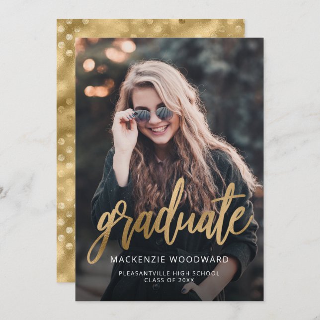 Photo Trendy Gold Script Graduation Announcement (Front/Back)