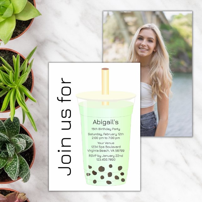 Photo Trendy Modern Light Green Boba Tea Birthday Invitation (Creator Uploaded)