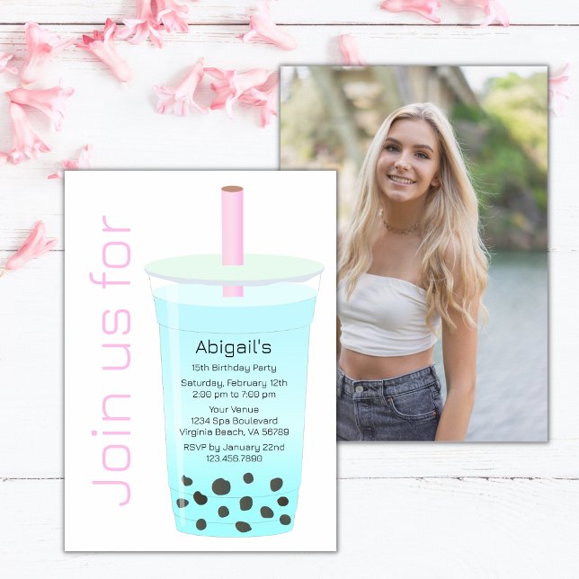 Photo Trendy Modern Pink Blue Boba Tea Birthday Invitation (Creator Uploaded)