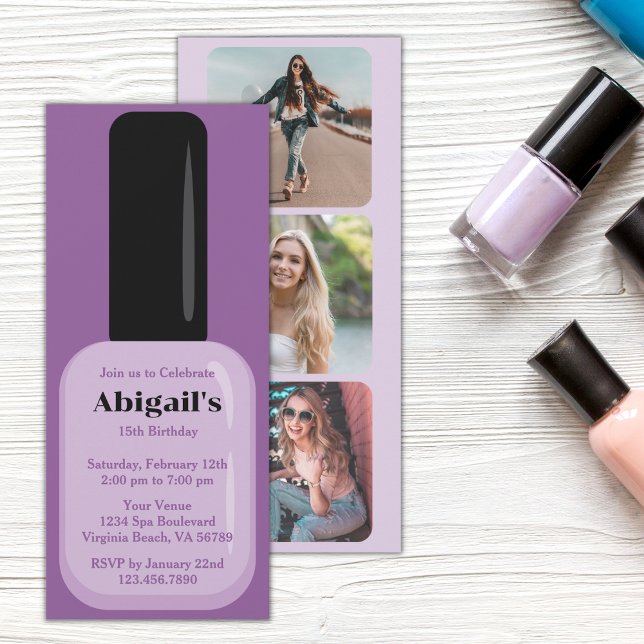 Photo Trendy Modern Purple Nail Polish Birthday Invitation (Creator Uploaded)