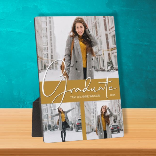 Photo Trio Collage on Gold Graduation Plaque (Creator Uploaded)