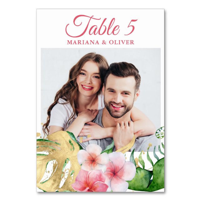 Photo Tropical Flowers Palms Gold Floral Wedding Table Number (Front)
