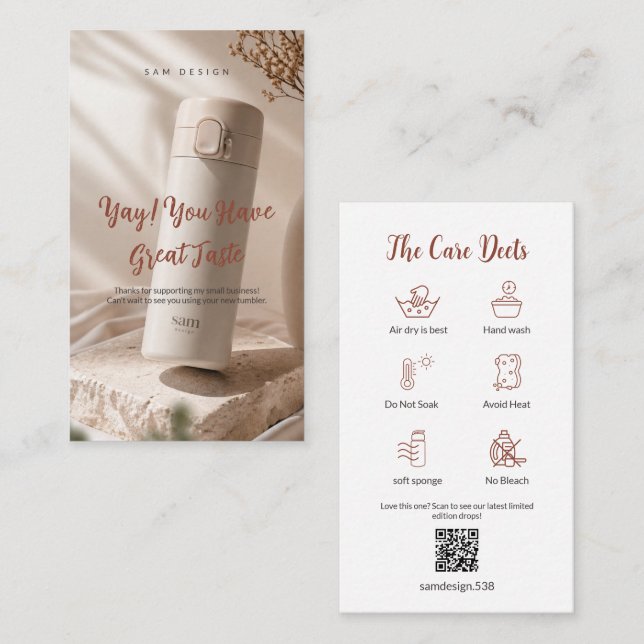 Photo Tumbler Care Card Thank You Insert QR Code (Front/Back)