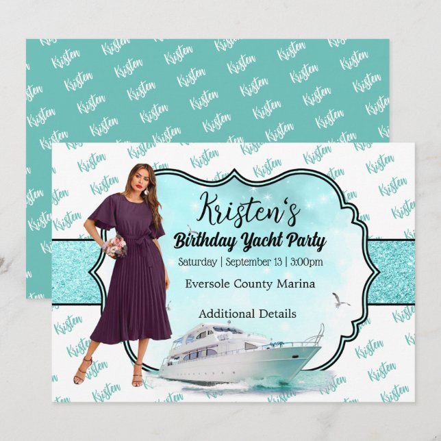 Photo Turquoise Gold Yacht Party Birthday Invitation (Front/Back)