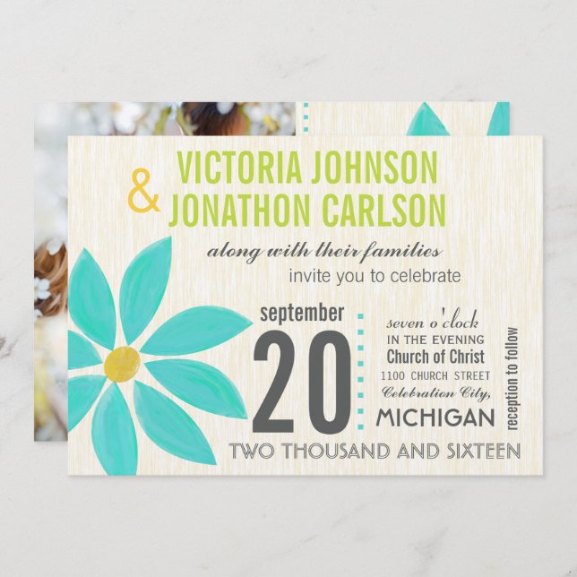 Photo Turquoise Stylised Daisy Wedding Invitations (Front/Back)