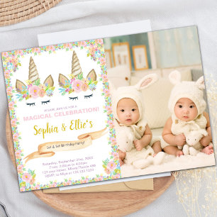 Photo Twin Floral Unicorn Birthday Invitations 